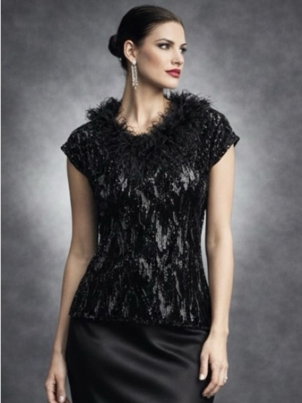 Vintage Joseph Ribkoff Black Burnout Velvet Ostrich Feather Top Evening Glam